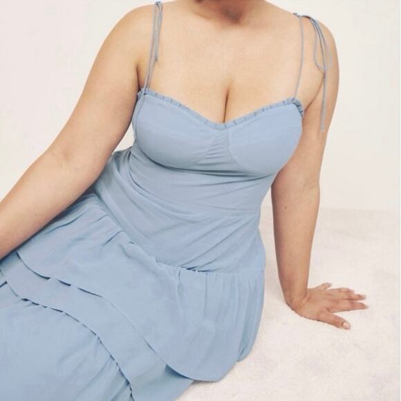 NWT Reformation Kesia Tiered Ruffle Midi Sleeveless Dress Mineral Blue Size 4 - Picture 3 of 9